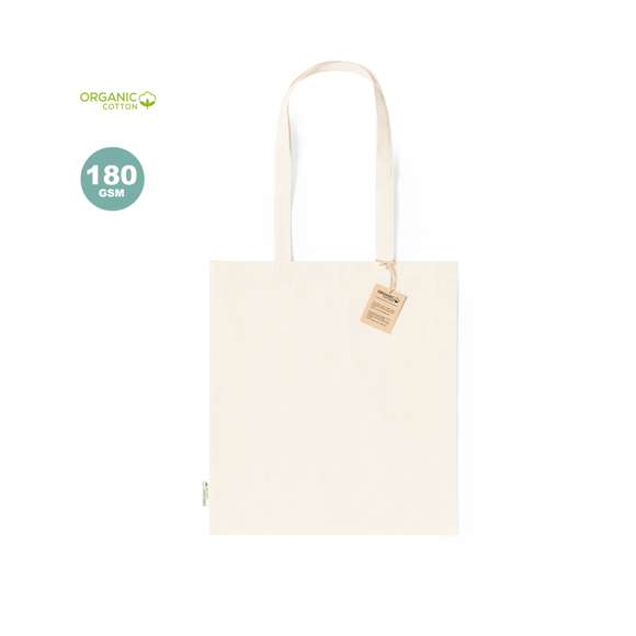 Bolsa fabricada en material100% algodón orgánico de 180g/m2 y en tono natural. Con certificación GOTS (Global Organic Textile Standard, ó Norma Mundial de Textiles Orgánicos) que garantiza que los tejidos están hechos de fibras orgánicas. De acabado cosido, con asas medianas reforzadas de 70 cm. Resistencia hasta 8kg, incluida etiqueta con distintivo de algodón orgánico y hangtag en cartón reciclado.