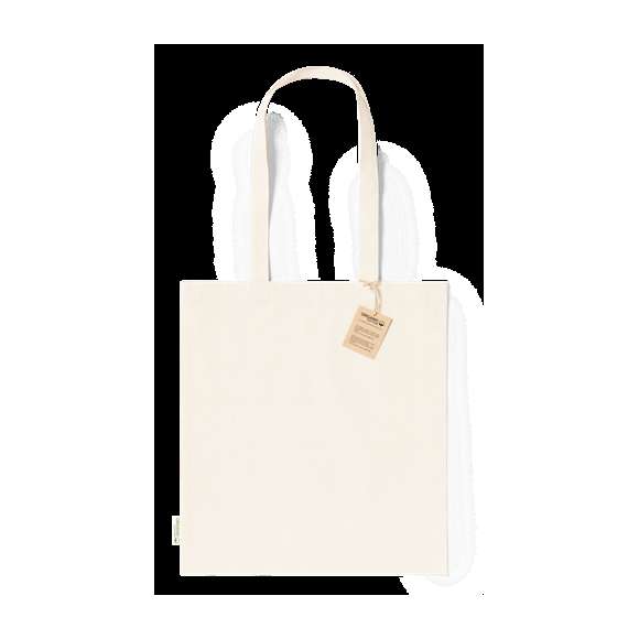 Bolsa fabricada en material100% algodón orgánico de 180g/m2 y en tono natural. Con certificación GOTS (Global Organic Textile Standard, ó Norma Mundial de Textiles Orgánicos) que garantiza que los tejidos están hechos de fibras orgánicas. De acabado cosido, con asas medianas reforzadas de 70 cm. Resistencia hasta 8kg, incluida etiqueta con distintivo de algodón orgánico y hangtag en cartón reciclado.
