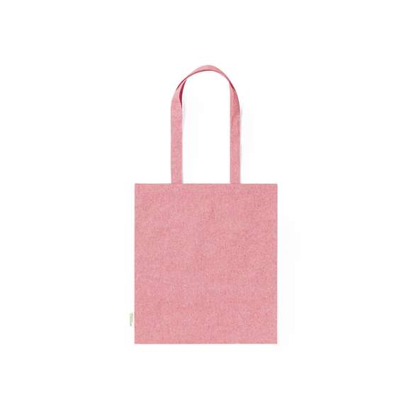 Bolsa fabricada en material100% algodón reciclado de 140g/m2. Certificación GRS (Global Recycled Standard / Estándar de Reciclaje Global), que garantiza el origen reciclado del material usado para fabricar el producto. De acabaco cosido, con asas largas reforzadas de 70 cm y disponible en variada gama de colores. Resistencia hasta 8kg, incluida etiqueta con distintivo de algodón reciclado.