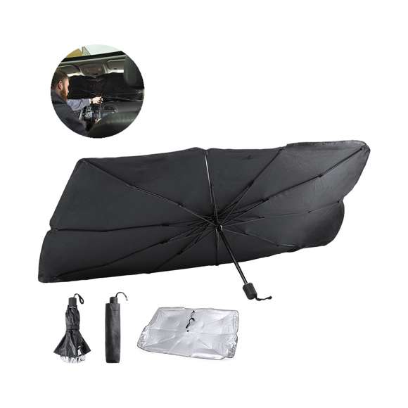 Parasol plegable para coche. Medida de 140x78cm. Con mecanismo de apertura manual y funda de políester incluida