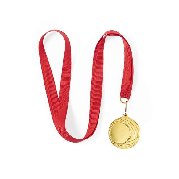 Medalla metálica de acabado dorado en relieve. Con cinta de poliéster en rojo, mosquetón metálico a juego y especialmente diseñada para marcaje en láser.