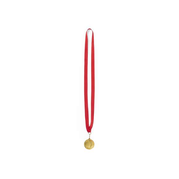 Medalla metálica de acabado dorado en relieve. Con cinta de poliéster en rojo, mosquetón metálico a juego y especialmente diseñada para marcaje en láser.