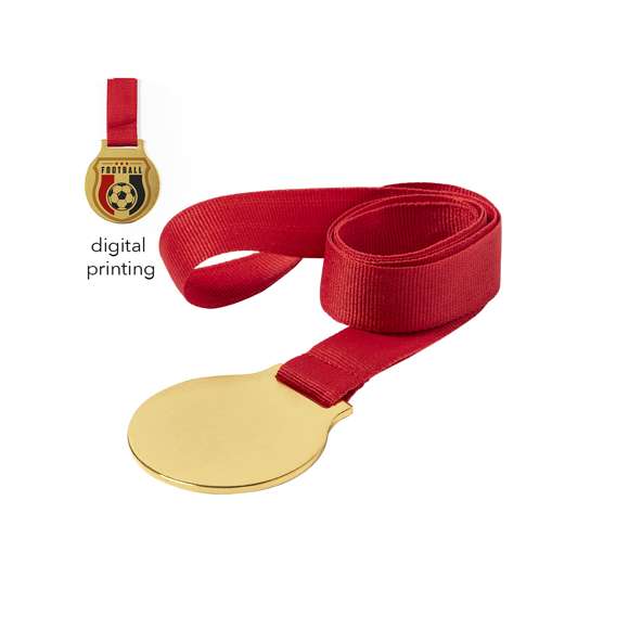 Medalla metálica de acabado dorado liso, con cinta de poliéster en rojo y especialmente diseñada para marcaje en impresión digital.