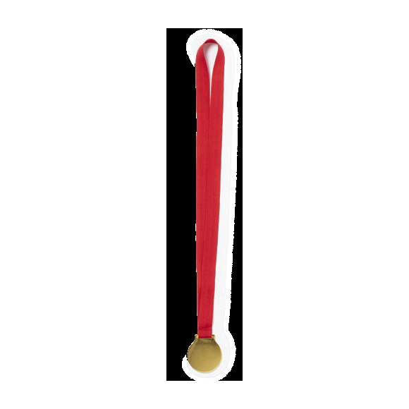 Medalla metálica de acabado dorado liso, con cinta de poliéster en rojo y especialmente diseñada para marcaje en impresión digital.