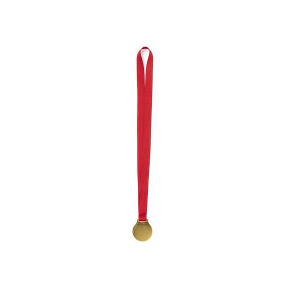 Medalla metálica de acabado dorado liso, con cinta de poliéster en rojo y especialmente diseñada para marcaje en impresión digital.