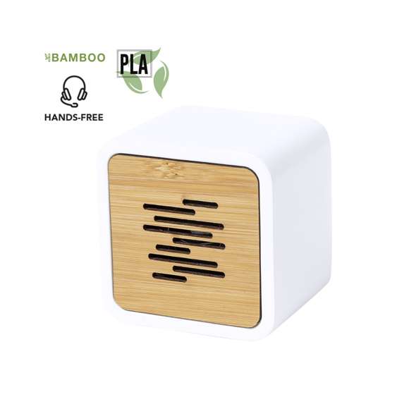 Altavoz de línea nature y conexión Bluetooth® 5.0. Fabricado en combinación de bambú y PLA -Ácido PoliLáctico-, que se obtiene a partir de recursos 100% naturales como el almidón de maíz, la yuca o la caña de azúcar, pudiendo convertirse en 100% compostable al final de su ciclo de vida útil.   3W de potencia, con función manos libres y recargable mediante cable USB -incluido-. Presentado en atractiva caja de diseño eco. Distintivo PLA sobre el artículo.