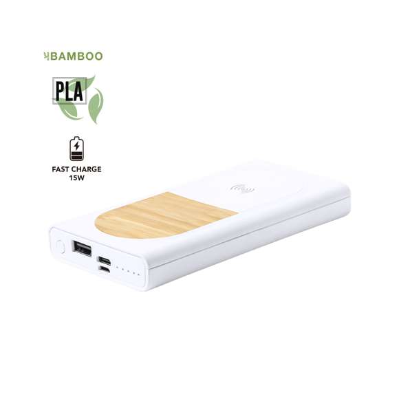 Batería auxiliar externa de línea nature con cargador inalámbrico integrado y función carga rápida de 15W. Carcasa fabricada en combinación de bambú y PLA -Ácido PoliLáctico-, que se obtiene a partir de recursos 100% naturales como el almidón de maíz, la yuca o la caña de azúcar, pudiendo convertirse en 100% compostable al final de su ciclo de vida útil.  8.000 mAh de capacidad, con indicador de estado de carga. Conector dual de entrada y salida Tipo C, entrada micro USB y 1 salida USB. Cable de carga micro USB incluido. Compatible con dispositivos equipados con tecnología de carga inalámbrica. Amplia superficie de marcaje y presentado en atractiva caja de diseño eco. Distintivo PLA sobre el artículo. Las capacidades mostradas en todas nuestras baterías auxiliares externas son reales, incorporando todas ellas baterías de grado A y no recicladas, con una vida útil de al menos 500 ciclos de carga y según normativa CE.   Además, están fabricadas conforme a los estándares RoHS y en cumplimiento con los siguientes requisitos de seguridad: Sistema de protección contra sobrecarga del power bank.  Sistema de protección contra descarga completa que proporciona una mayor durabilidad del power bank.  Sistema de bloqueo para evitar cortocircuitos.  Sistema de transferencia de carga constante, acorde con la capacidad del dispositivo de destino.