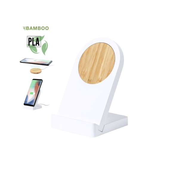 Cargador inalámbrico magnético de línea nature con función soporte para móvil. Cargador inalámbrico fabricado en bambú, y carcasa en PLA -Ácido PoliLáctico-, que se obtiene a partir de recursos 100% naturales como el almidón de maíz, la yuca o la caña de azúcar, pudiendo convertirse en 100% compostable al final de su ciclo de vida útil. Con función carga rápida de 10W y compatible con dispositivos equipados con tecnología de carga inalámbrica. Incluye anilla metálica adhesiva. Cable con conexión USB de 100 cm. Amplia superficie de marcaje, presentado en atractiva caja de diseño eco.Distintivo PLA sobre el artículo.