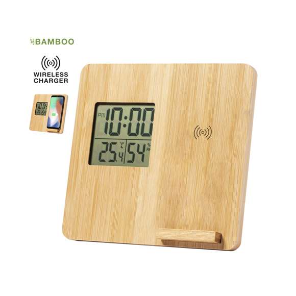 Estación meteorológica de línea nature, con cargador inalámbrico de carga 10W integrado. Fabricada en bambú pulido y con funciones termómetro e higrómetro. Incluye cable de carga Micro USB de 1m. Compatible con dispositivos equipados con tecnología de carga inalámbrica. Reloj alimentación a pilas (de botón incluida) y presentado en atractiva caja de diseño eco. Disponible manual de instrucciones en español e inglés.