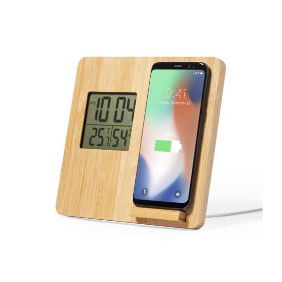 Estación meteorológica de línea nature, con cargador inalámbrico de carga 10W integrado. Fabricada en bambú pulido y con funciones termómetro e higrómetro. Incluye cable de carga Micro USB de 1m. Compatible con dispositivos equipados con tecnología de carga inalámbrica. Reloj alimentación a pilas (de botón incluida) y presentado en atractiva caja de diseño eco. Disponible manual de instrucciones en español e inglés.