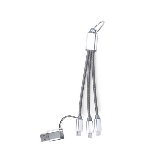 Cable cargador con conexión dual micro USB/Lightning y tipo C (entrada y salida). Conectores de aluminio y chapa especialmente diseñada para marcaje en láser.