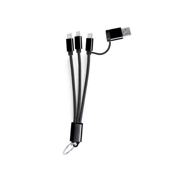 Cable cargador con conexión dual micro USB/Lightning y tipo C (entrada y salida). Conectores de aluminio y chapa especialmente diseñada para marcaje en láser.