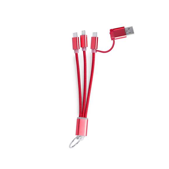 Cable cargador con conexión dual micro USB/Lightning y tipo C (entrada y salida). Conectores de aluminio y chapa especialmente diseñada para marcaje en láser.