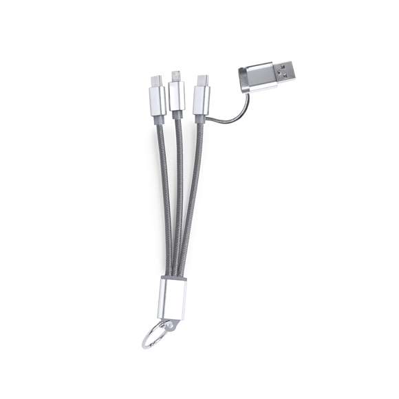 Cable cargador con conexión dual micro USB/Lightning y tipo C (entrada y salida). Conectores de aluminio y chapa especialmente diseñada para marcaje en láser.