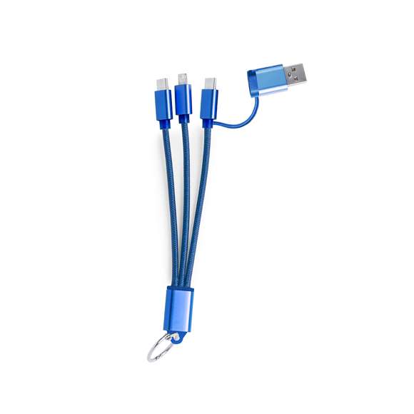 Cable cargador con conexión dual micro USB/Lightning y tipo C (entrada y salida). Conectores de aluminio y chapa especialmente diseñada para marcaje en láser.