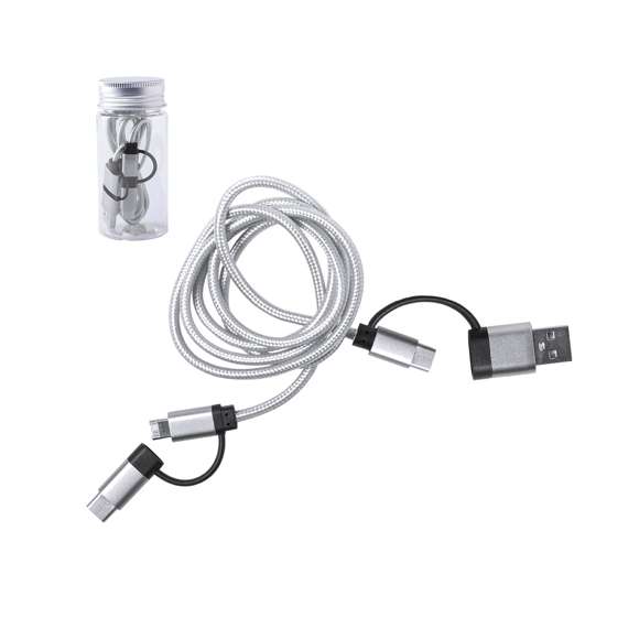 Cable cargador con conexión dual micro USB/Lightning y tipo C (entrada y salida). De 100cm de longitud, con conectores de aluminio y especialmente diseñado para marcaje en láser. Presentado en atractivo bote transparente con tapa a rosca.