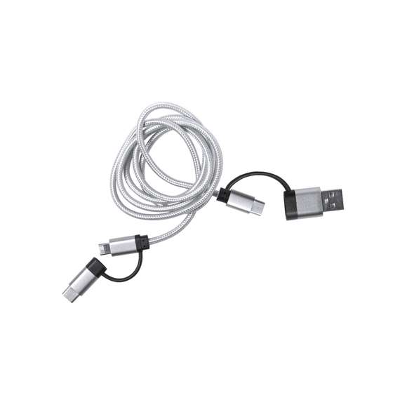 Cable cargador con conexión dual micro USB/Lightning y tipo C (entrada y salida). De 100cm de longitud, con conectores de aluminio y especialmente diseñado para marcaje en láser. Presentado en atractivo bote transparente con tapa a rosca.