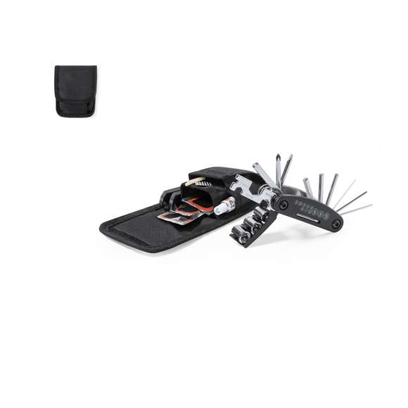 Completo kit de reparación para bici de 14 accesorios. Presentado en resistente estuche de poliéster 600D, con cierre de velcro. Incluye desmontadores de cubierta, multiherramienta y kit de reparación de pinchazos.