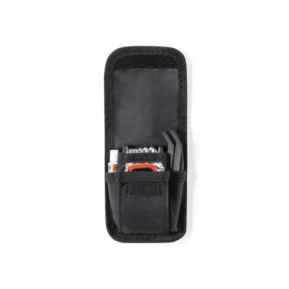 Completo kit de reparación para bici de 14 accesorios. Presentado en resistente estuche de poliéster 600D, con cierre de velcro. Incluye desmontadores de cubierta, multiherramienta y kit de reparación de pinchazos.