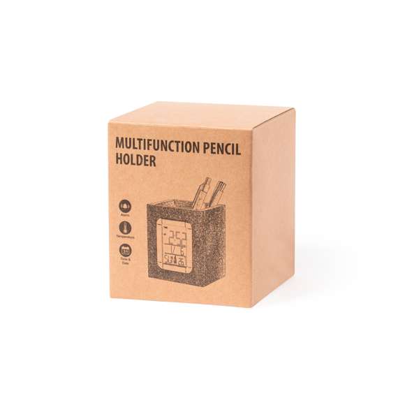 Lapicero de línea nature con reloj multifunción integrado. Fabricado en corcho natural, con funciones termómetro, calendario y alarma. Alimentación a pilas (de botón incluidas) y presentado en atractiva caja de diseño eco.