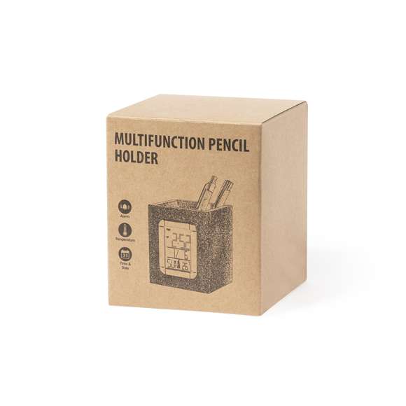 Lapicero de línea nature con reloj multifunción integrado. Fabricado en corcho natural, con funciones termómetro, calendario y alarma. Alimentación a pilas (de botón incluidas) y presentado en atractiva caja de diseño eco.