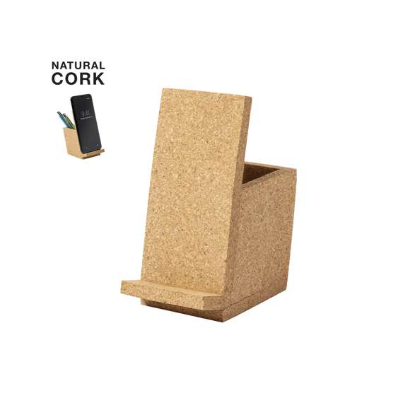 Lapicero de línea nature con soporte para smartphone integrado. Fabricado en corcho, para así fomentar el uso de las materias primas naturales, y presentado en atractiva caja de diseño eco.
