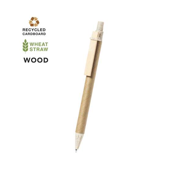 Bolígrafo de línea nature con mecanismo pulsador. Combinación de cuerpo en cartón reciclado de color natural, con punta y pulsador en caña de trigo y clip de madera, para así fomentar la utilización y reciclado de materias primas, reduciendo así las emisiones contaminantes. Tinta azul. Con distintivo Wheat Straw en la parte superior.