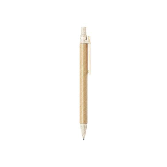 Bolígrafo de línea nature con mecanismo pulsador. Combinación de cuerpo en cartón reciclado de color natural, con punta y pulsador en caña de trigo y clip de madera, para así fomentar la utilización y reciclado de materias primas, reduciendo así las emisiones contaminantes. Tinta azul. Con distintivo Wheat Straw en la parte superior.