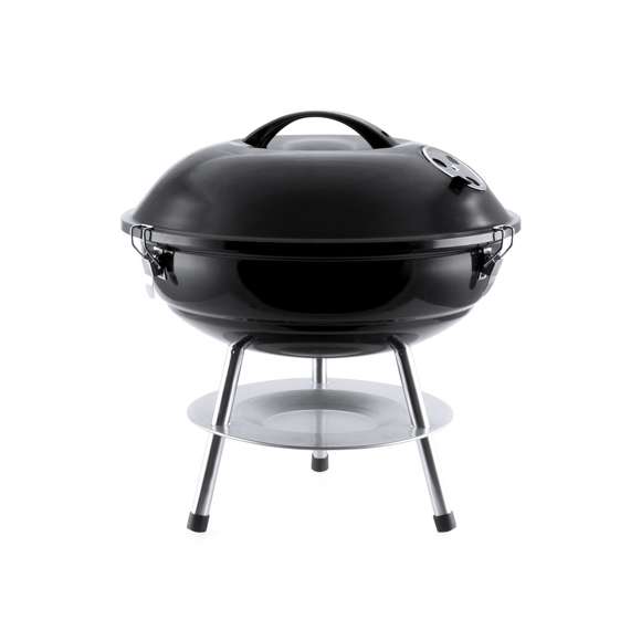 Barbacoa fabricada en resistente acero al carbono de acabado en negro. Tapa con cómoda asa y orificios de ventilación, con parrilla metálica, plato antigoteo y pies antideslizantes. Presentada en atractiva caja de diseño.