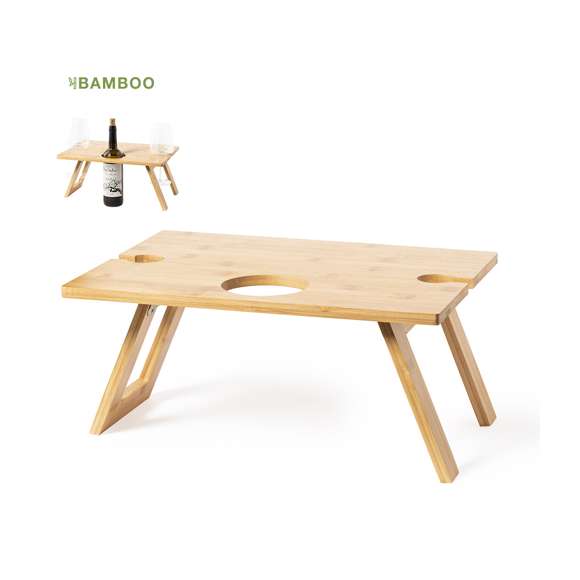Mesa plegable para los aficionados al mundo del vino. Fabricada en bambú, incluye compartimento para botella de 75cl y 2 soportes para copa. De fácil plegado y tamaño compacto, presentada en atractiva caja individual de diseño eco.