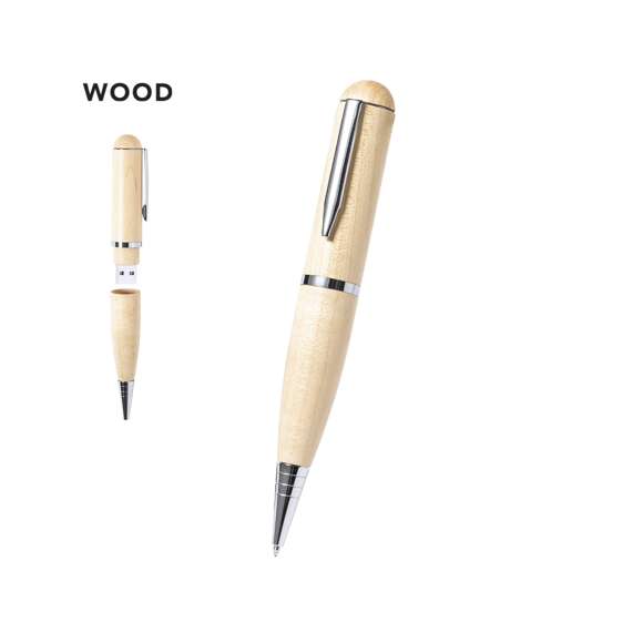 Bolígrafo USB de línea nature. Con memoria USB de 16GB de capacidad integrada en la capucha y fabricado en madera, para así fomentar la utilización de materiales naturales. De mecanismo giratorio y con tinta azul. Presentado en atractiva caja de acabado kraft.