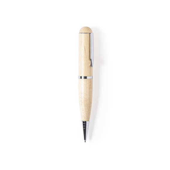 Bolígrafo USB de línea nature. Con memoria USB de 16GB de capacidad integrada en la capucha y fabricado en madera, para así fomentar la utilización de materiales naturales. De mecanismo giratorio y con tinta azul. Presentado en atractiva caja de acabado kraft.
