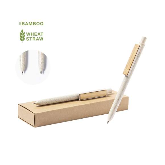 Set de bolígrafo y portaminas de línea nature. Fabricado en combinación de caña de trigo con clip en bambú, para así fomentar la utilización de materias primas naturales y reducir las emisiones contaminantes. Clip con amplia zona de marcaje. Bolígrafo en tinta azul y portaminas con 2 minas incluidas de 0,5mm. Presentado en estuche individual de cartón reciclado.Distintivo Wheat Straw en la parte superior del bolígrafo y portaminas.
