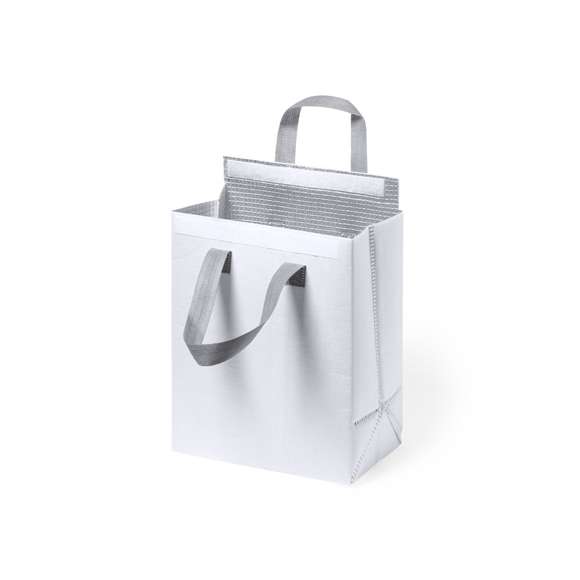 Bolsa nevera en non-woven laminado. Compartimento principal con cierre de velcro e interior isotermo de aluminio. De acabado termosellado, con fuelle y asas reforzadas. Disponible en variada gama de colores.