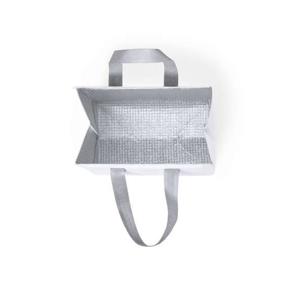 Bolsa nevera en non-woven laminado. Compartimento principal con cierre de velcro e interior isotermo de aluminio. De acabado termosellado, con fuelle y asas reforzadas. Disponible en variada gama de colores.