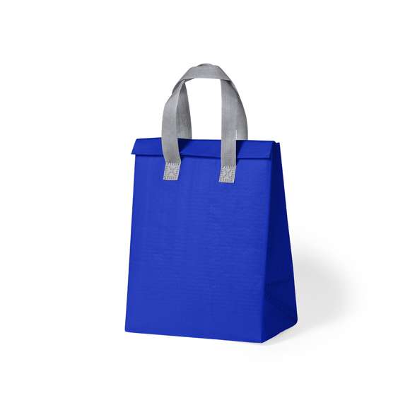 Bolsa nevera en non-woven laminado. Compartimento principal con cierre de velcro e interior isotermo de aluminio. De acabado termosellado, con fuelle y asas reforzadas. Disponible en variada gama de colores.