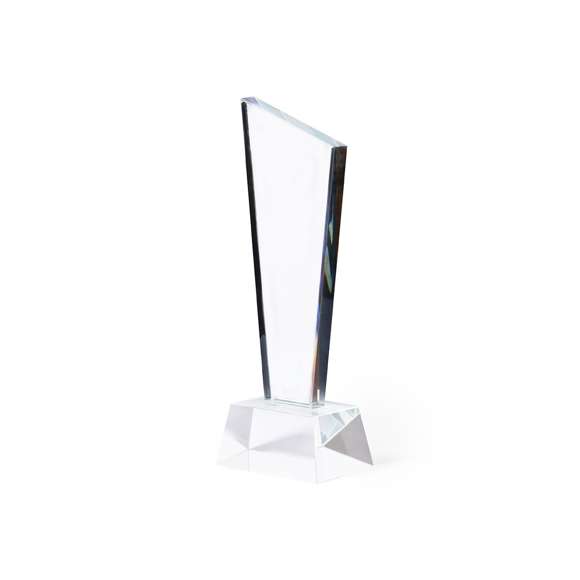 Trofeo de grueso cristal con original diseño y resistente base. Especialmente diseñado para marcaje a láser y presentado en estuche de protección en resistente cartón y cierre magnético, con interior troquelado en espuma.