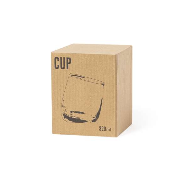 Original vaso de cristal de 320ml de capacidad. Con atractivo diseño inclinado y presentado en caja individual de diseño kraft.
