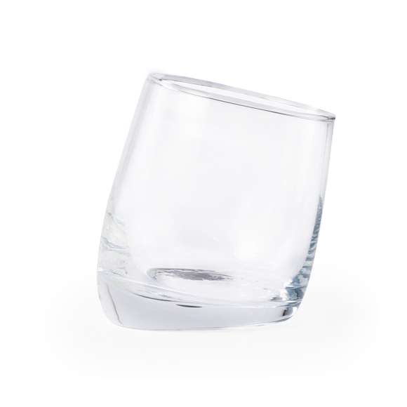Original vaso de cristal de 320ml de capacidad. Con atractivo diseño inclinado y presentado en caja individual de diseño kraft.