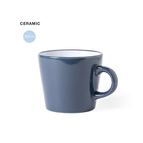 Taza de cerámica de 350ml de capacidad en combinación de interior en color blanco y exterior en variada gama de colores. Presentada en caja individual acabado kraft.