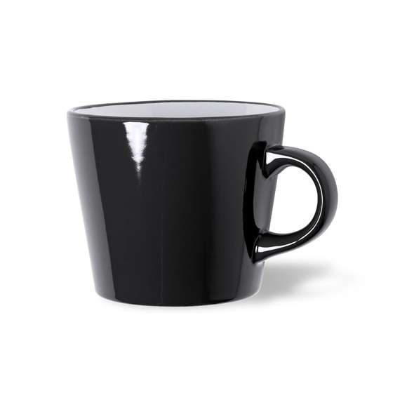 Taza de cerámica de 350ml de capacidad en combinación de interior en color blanco y exterior en variada gama de colores. Presentada en caja individual acabado kraft.