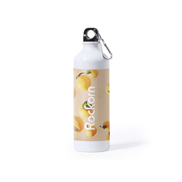 Bidón de aluminio de 800ml de capacidad. Acabado en suave y brillante color blanco, especialmente diseñado para marcaje en sublimación. Con tapón de seguridad a rosca y mosquetón metálico de transporte. Presentado en atractiva caja de diseño.
