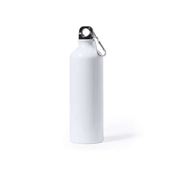 Bidón de aluminio de 800ml de capacidad. Acabado en suave y brillante color blanco, especialmente diseñado para marcaje en sublimación. Con tapón de seguridad a rosca y mosquetón metálico de transporte. Presentado en atractiva caja de diseño.
