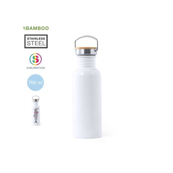 Bidón en acero inox especialmente diseñado para marcaje en sublimación. De estilo retro y 750ml de capacidad. Tapón de seguridad a rosca en acero inox, con detalle en bambú y asa de transporte vintage. Presentado en atractiva caja de diseño.
