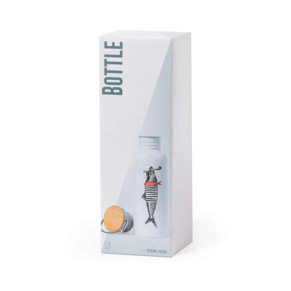 Bidón de acero inox de 750ml de capacidad. Acabado en suave y brillante color blanco, especialmente diseñado para marcaje en sublimación. Con tapón de seguridad en acero inox, libre de BPA. Presentado en atractiva caja de diseño.