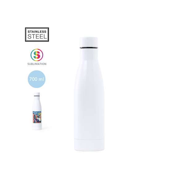 Bidón de acero inox de 750ml de capacidad. Acabado en suave y brillante color blanco, especialmente diseñado para marcaje en sublimación. Con tapón de seguridad en acero inox, libre de BPA. Presentado en atractiva caja de diseño.