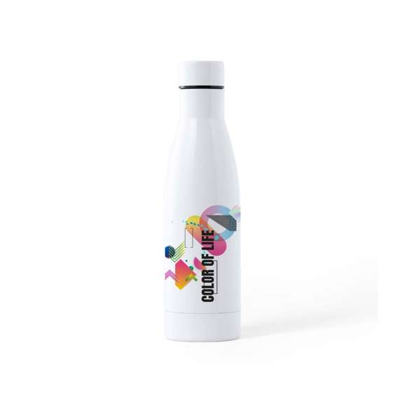 Bidón de acero inox de 750ml de capacidad. Acabado en suave y brillante color blanco, especialmente diseñado para marcaje en sublimación. Con tapón de seguridad en acero inox, libre de BPA. Presentado en atractiva caja de diseño.