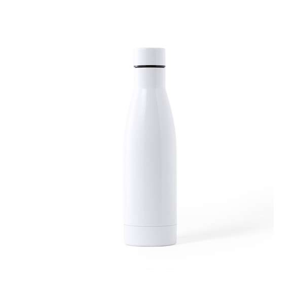 Bidón de acero inox de 750ml de capacidad. Acabado en suave y brillante color blanco, especialmente diseñado para marcaje en sublimación. Con tapón de seguridad en acero inox, libre de BPA. Presentado en atractiva caja de diseño.