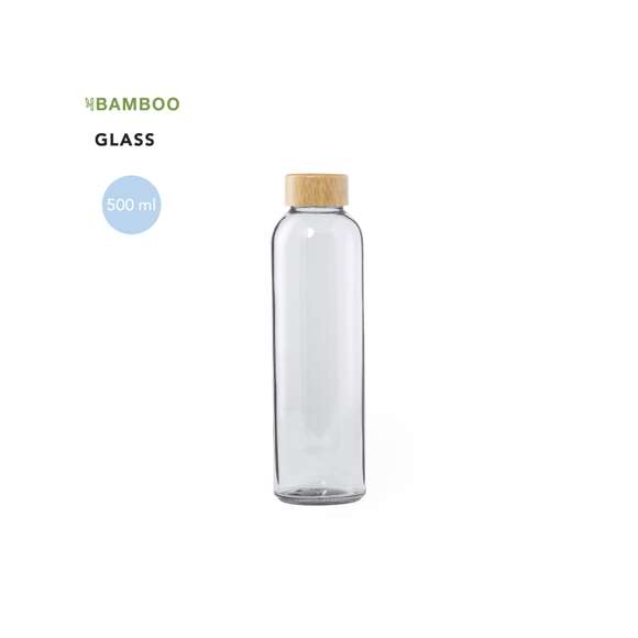 Bidón transparente de cristal de 500 ml de capacidad, con tapón a rosca en bambú y libre de BPA. Presentado en atractiva caja de diseño kraft.