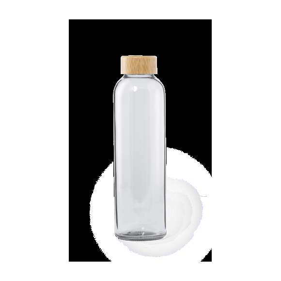 Bidón transparente de cristal de 500 ml de capacidad, con tapón a rosca en bambú y libre de BPA. Presentado en atractiva caja de diseño kraft.